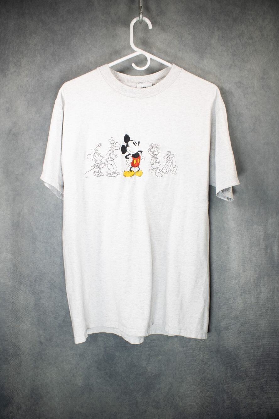 Vintage 90s Mickey & Co Disney Gang Embroidered Grey T-Shirt USA Made L 20.5x27.